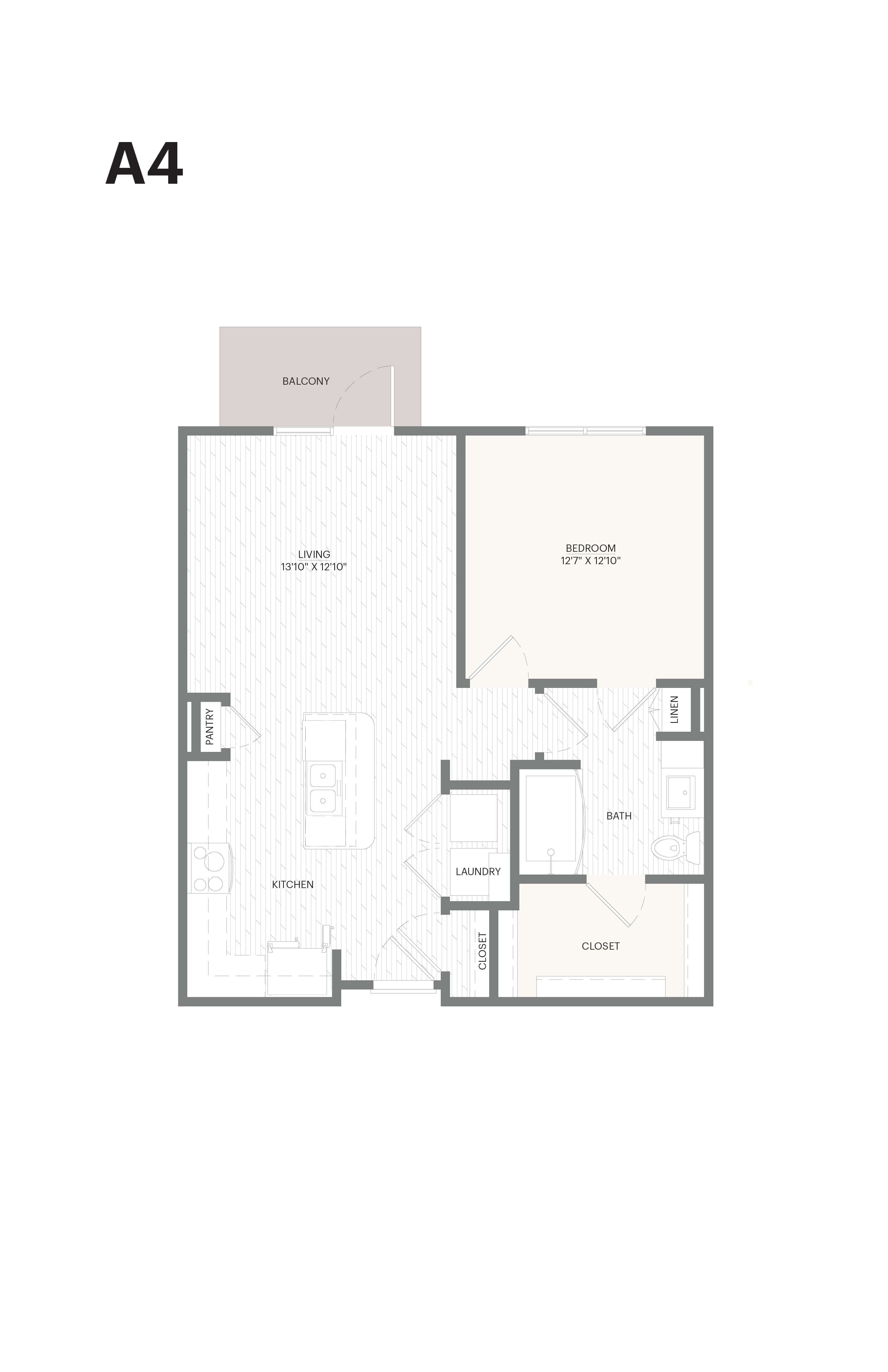 Floor plan for 1 bed, 1 bath, 822 sqft